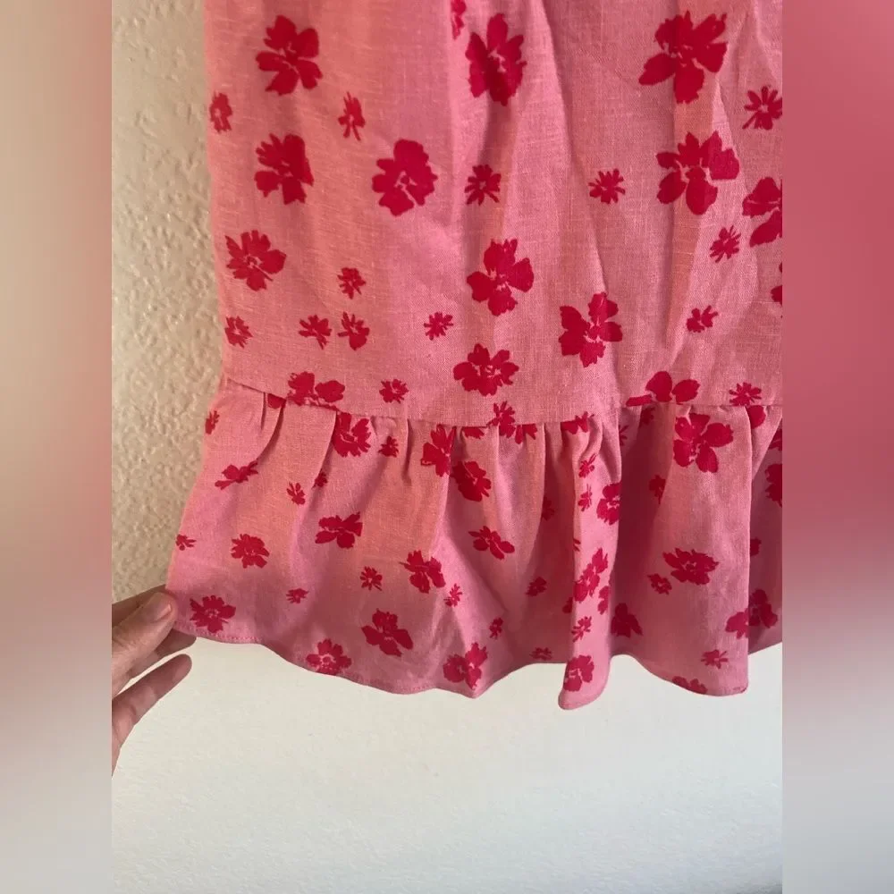 NWT Zara Floral Ruffle Linen V-Neck Mini Dress Pink/ Red Sz S